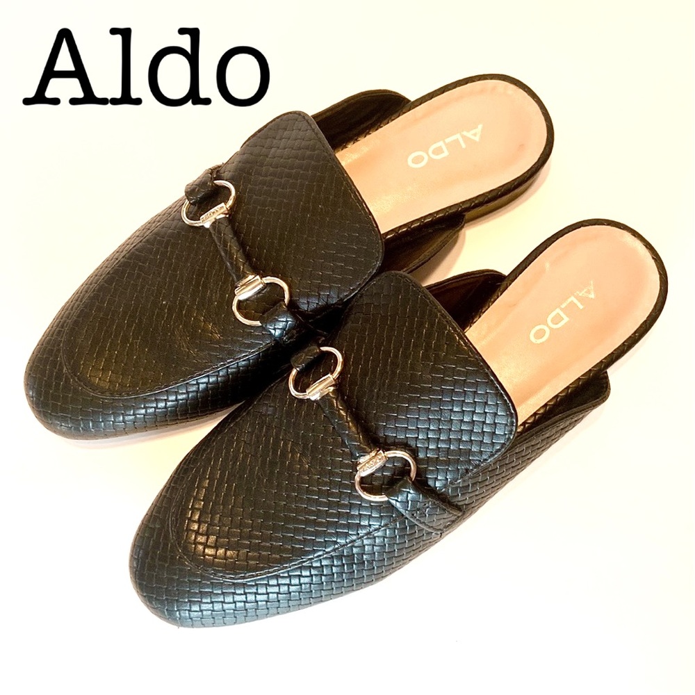 Aldo Black Woven Mule Loafers with Silver Hardware
